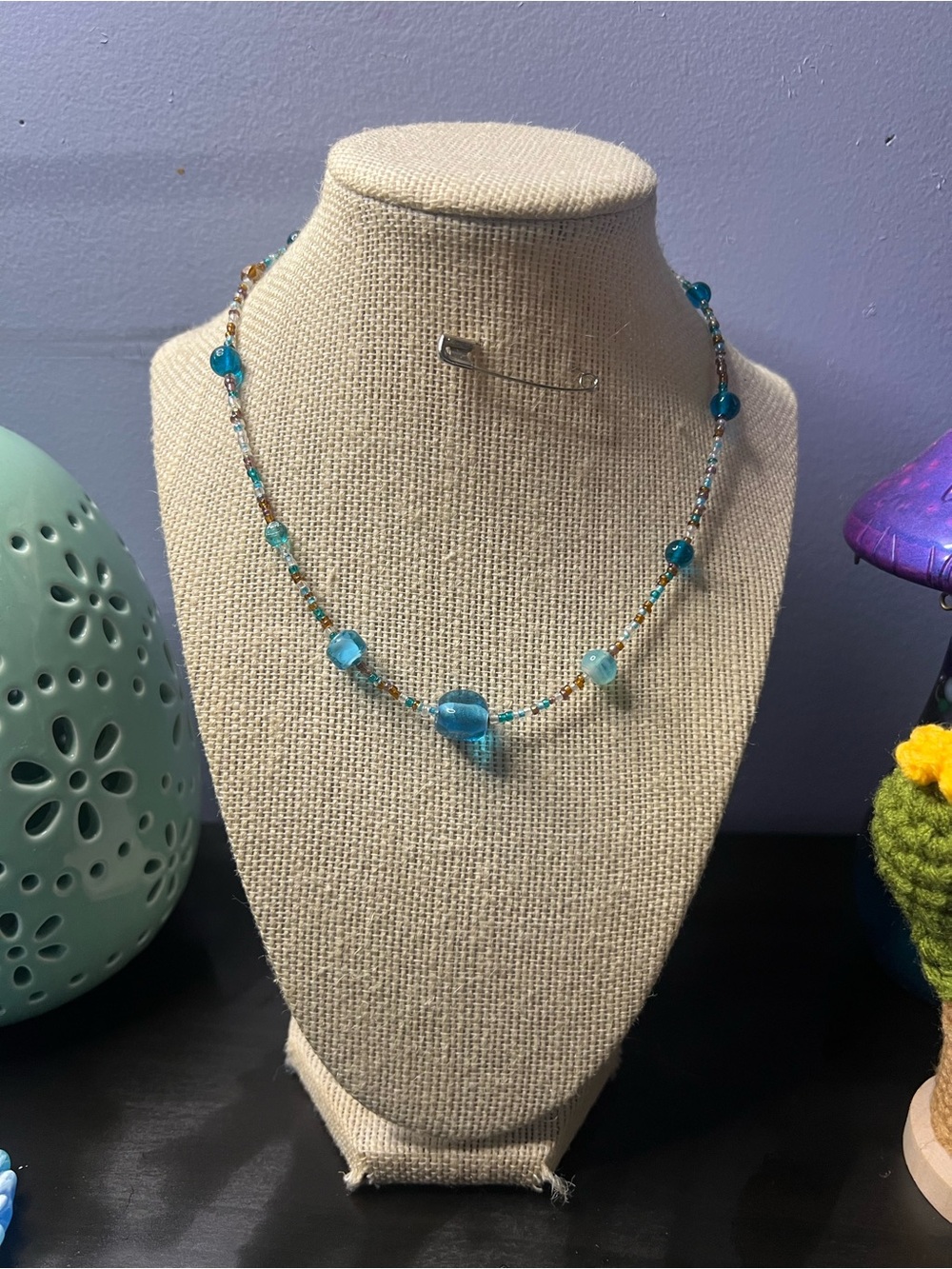 #211. Handmade Boho Choker Necklace with Blue & Brown Turquoise Glass Beads